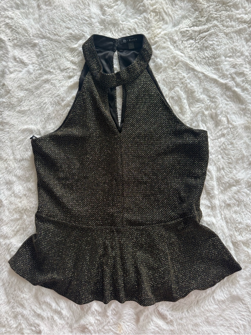 NWOT Lily Black Metallic Halter Peplum Top